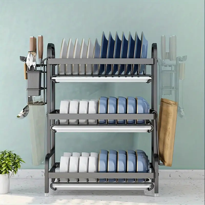 1 set of new high-quality carbon steel anti-rust three-layer bowl, plate, dish, utensil, water-draining storage rack,