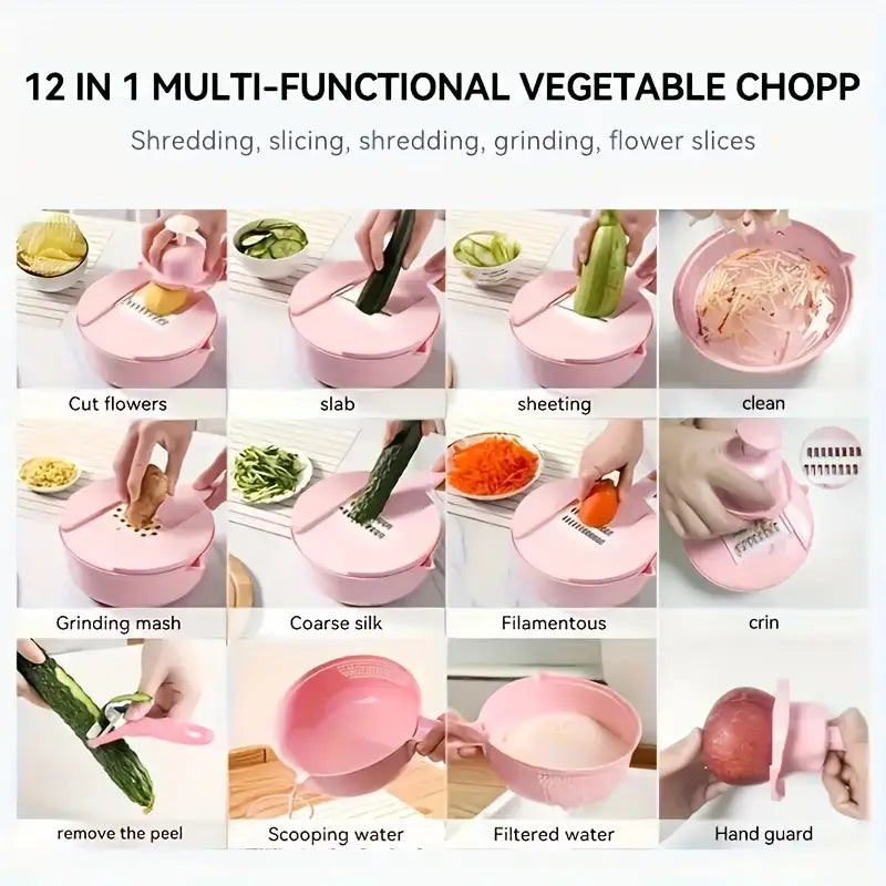 12-in-1 Ultimate Multi-Functional Vegetable Chopper - Effortless Cutting, Shredding, Slicing, Grating for Carrots, Potatoes, Radish - Ideal for Home, Commercial Kitchens & Hotel Use - Safe,, Scratch-Resistant, Manual Operation - Perfect Eid Al-Adha Gift