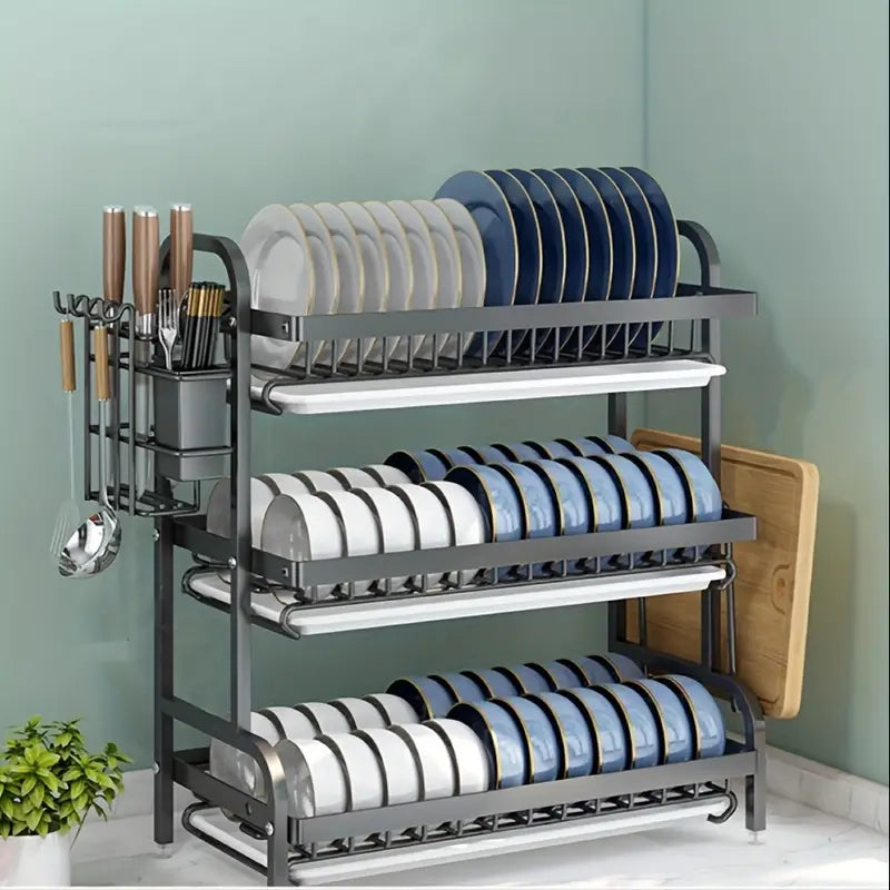 1 set of new high-quality carbon steel anti-rust three-layer bowl, plate, dish, utensil, water-draining storage rack,